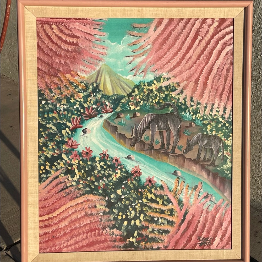 Antique handmade river painting with frame by Renes Witti